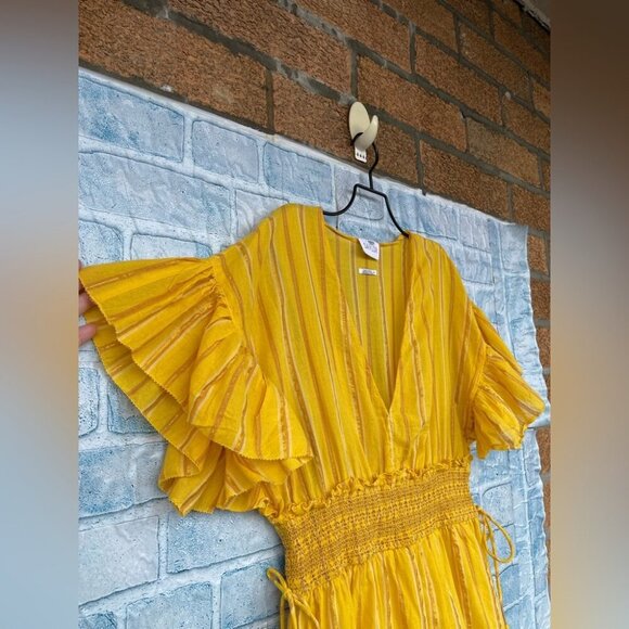 SAYLOR Adrianne Ruffled V-Neck Metallic Striped Gold Mini Dress medium - Picture 5 of 11